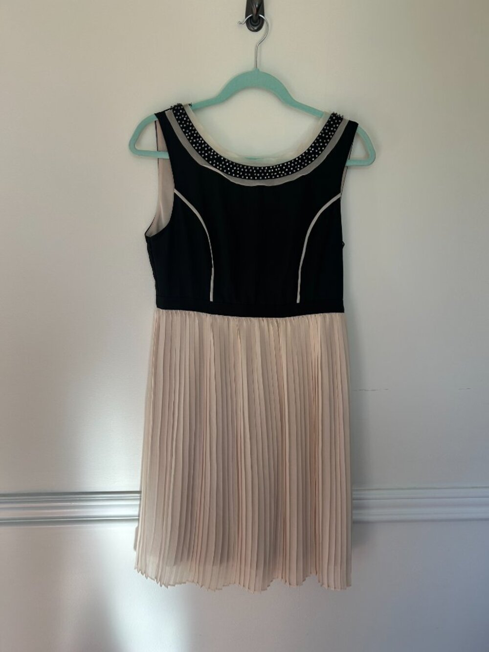 Black & Nude Pleated Cocktail Dress with Embellished Stud Neckline